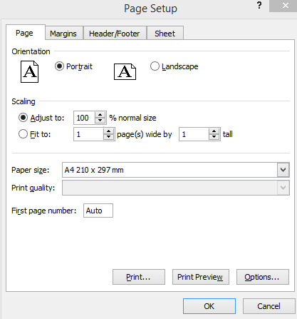 Excel 2010 Page Setup Dialogue Box