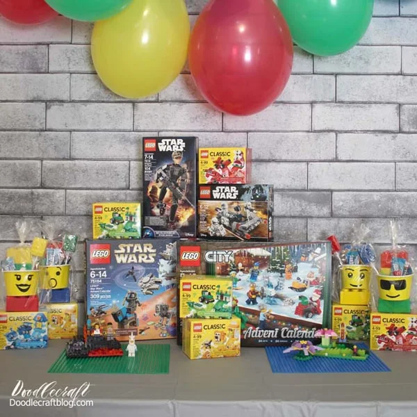 Lego party with cake stands, party favors, balloons, and awesome Lego sets