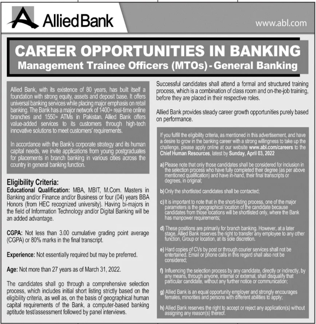 Latest Allied Bank Limited ABL Bank Posts Multan 2022