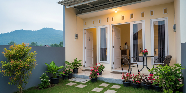 Villa modern dengan kolam renang pribadi dan kursi santai.