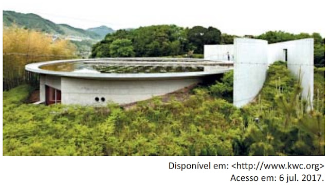 Um arquiteto cujas obras podem ser apontadas como exemplo dessa vertente é Tadao Ando, cuja obra Templo da Água de Hyogo é representada na imagem a seguir.