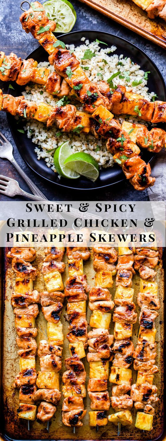 Sweet and Spicy Grilled Chicken and Pineapple Skewers will be your go-to dinner all summer long! Flavored with chili garlic sauce and sweetened with honey, these paleo and gluten-free chicken skewers are perfect for a protein packed, healthy dinner!