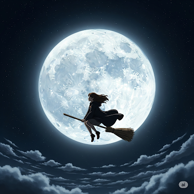 Woman flying on broom under massive glowing moon.