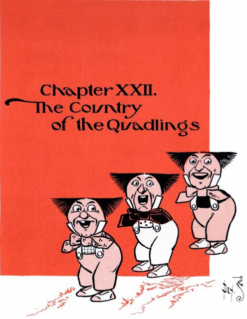 Three Hammerheads, wearing bowties, overalls, and high collars, on the title page for "Chapter XXII. The Country of the Quadlings."