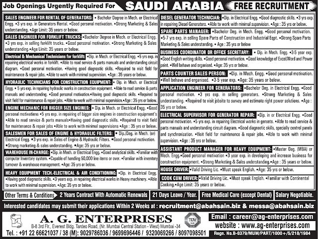 Large Job Opportunities for KSA - Free Recruitment