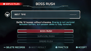 Boss Rush menu, Battle 12 bosses without stopping. Energy is not restored between battles, but weapon ammo is fully restored.