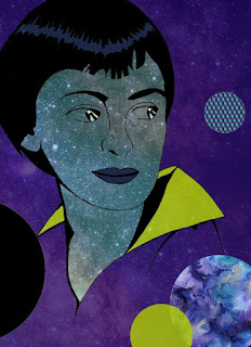 A minimalist style image of a woman looking over her shoulder to her right. The background and her shirt are a warm purple, and her collar is yellow. Her hair and eyebrows are black, and her eyes reflect stars. Her skin is a pattern of stars in the galaxy. In the foreground and background are circles indicating abstract figures of planets.