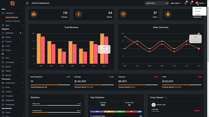 HR System Management Admin Dashboard Dark