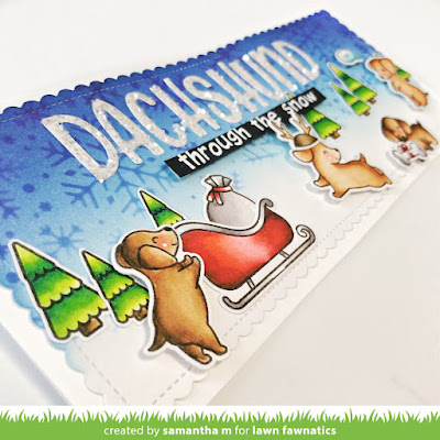 Dachshund Through the Snow Card by Samantha Mann for Lawn Fawnatics Challenge, Lawn Fawn, Christmas Card, Slimline, Distress Inks, Puppies, #lawnfawnatics #lawnfawn #christmascard #slimlinecard #cardmaking #distressinks