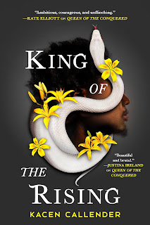 A Black man in profile with a curving white snake on the side of his face.