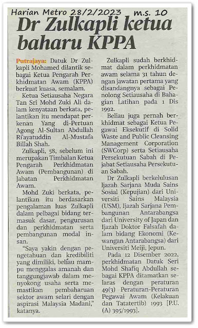 Dr Zulkapli ketua baharu KPPA - Keratan akhbar Harian Metro 28 Februari 2023