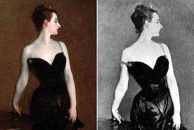 Pentimento de Madame X, del pintor John Singer Sargent, comparando la versión final con la del tirante caído