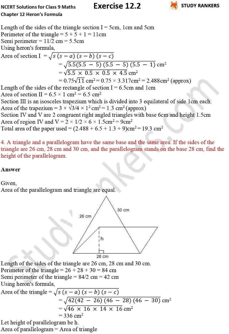 NCERT Solutions for Class 9 Maths Chapter 12 Heron's Formula Exercise 12.2 Part 3