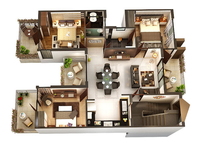Denah Rumah Minimalis 3 kamar tidur 3D