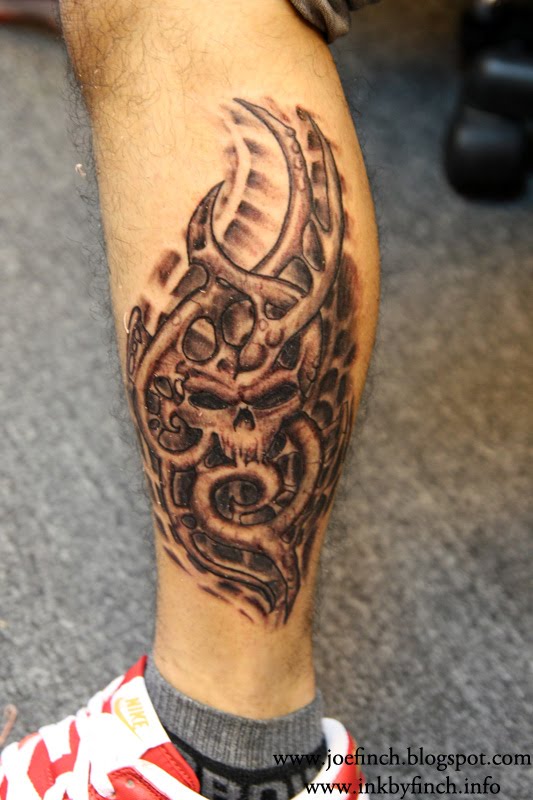 black grey Rose Filigree Tattoo Biomechanical skull