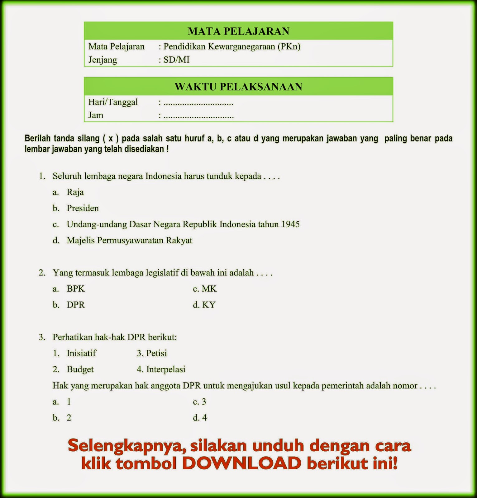 Download Soal Ujian Sekolah US SD PKN 2015