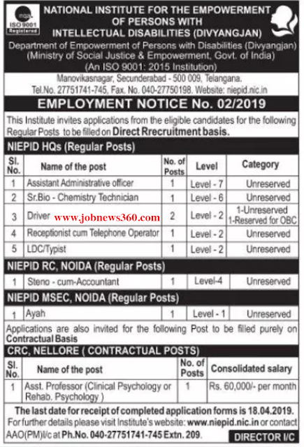 NIEPID Recruitment 2019 for various posts (9 Vacancies)