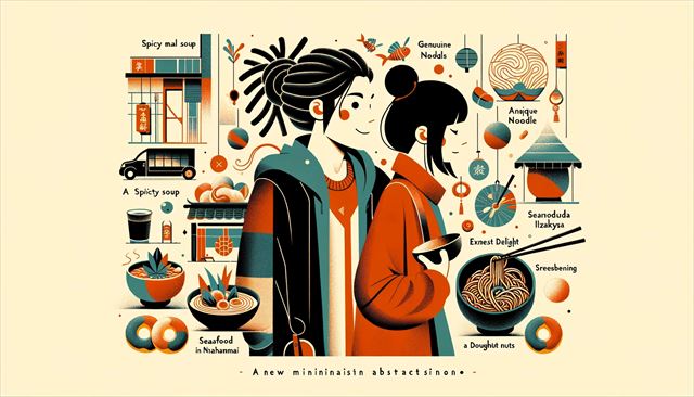 A new, minimalist, abstract illustration depicting a casually dressed Japanese man with dreadlocks and a Japanese woman, symbolizing a pleasant day spent together exploring various eateries. The scene includes abstract representations of their culinary journey - a spicy Mala soup with unique noodles at a genuine Chinese restaurant, a surprising delight at a seafood izakaya in Ura-Namba, and a sweet ending at a doughnut shop. Incorporate elements that suggest a variety of textures and tastes, such as abstract shapes for the spicy soup, seafood, and doughnuts, to capture the essence of their food adventure. The illustration should convey the warmth and satisfaction of sharing meals and rediscovering favorite spots, ensuring it offers a fresh perspective and does not duplicate any previously provided imagery.