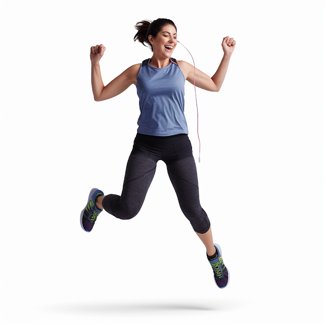 A person mid-jumping jack, feet spread apart in mid-air, arms raised overhead, and displaying energy and enthusiasm during the exercise.