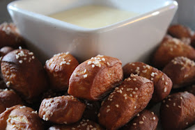 Soft pretzel bites with cheddar-mustard dipping sauce