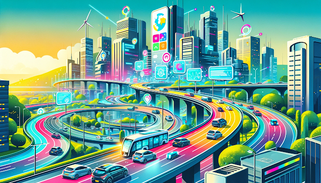 Esta imagen presenta un paisaje urbano futurista y aerodinámico de Bogotá, con calles despejadas, autos inteligentes y pantallas digitales mostrando datos de Waze for Cities. El estilo es vibrante y moderno, con un toque de humor, ideal para atraer a entusiastas de la tecnología, urbanistas y académicos interesados en soluciones de transporte y movilidad.