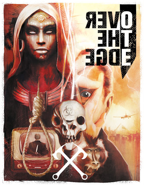 The Over the Edge cover with a woman in a head covering and face paint, a television showing an image of a man holding a knife behind his back, a morphed skull, a baboon, a person covering their face all but their eyes, and a plane flying off into the distance.