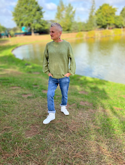 madmumof7 wearing Cotton Traders Pointelle jumper and jeans while standing on banks of lake