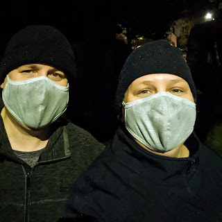 Flyfour and PippaD on a walk with their masks on (because it was raining and they didn't want their face to get wet!