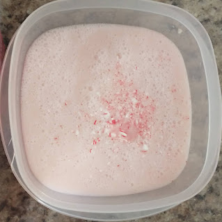 candy cane and ice cream mixture in a freezer safe container