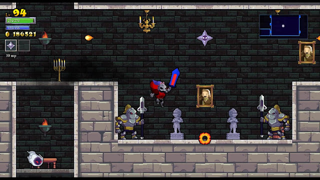 Rogue Legacy - Castle area - the player is surrounded by two knights, a ghost, a starbust, and some haunted portraits.