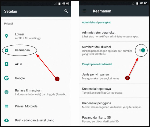 aktifkan izin install from unknown source di pengaturan android