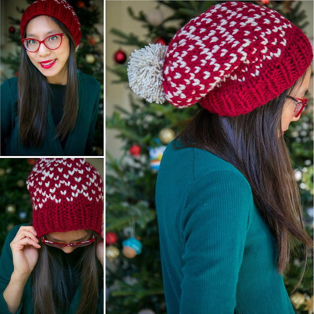 Three image collage of a tan skin bespectacled Asian woman with long dark brown hair, red lipped smile, red framed glasses, green cardigan, featuring a red and white knit slouchy beanie with a pom pom. Decorated Christmas tree out of focus in the background.