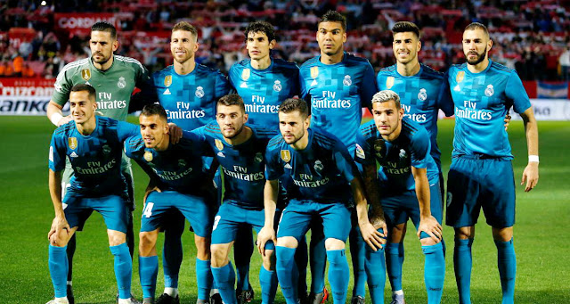 REAL MADRID C . F.  Temporada 2017-18. Kiko Casilla, Sergio Ramos, Vallejo, Casemiro, Marco Asensio y Benzema; Lucas Vázquez, Dani Ceballos, Kovacic, Nacho, Theo Hernández. SEVILLA C. F. 3 (Ben Yedder, Layún, Sergio Ramos p.p.) REAL MADRID C. F. 2 (Borja Mayoral, Sergio Ramos). 09/05/2018. Campeonato de Liga de 1ª División, jornada 34. Sevilla, estadio Ramón Sánchez Pizjuán.