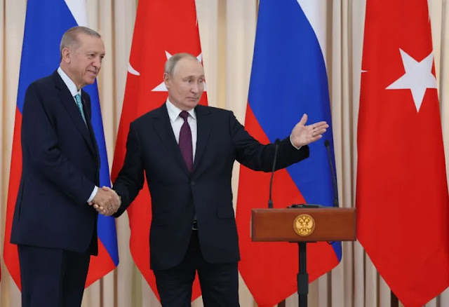 Islamist President Recep Tayyip Erdoğan and Autocratic leader Vladimir Putin of Russia held a joint press conference following their meeting in Sochi. Photo via Turkish Presidency