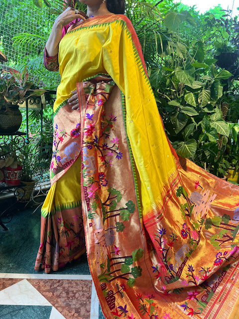Silk paithani with brocade pallu and skirt border. A rare and gorgeous colour to find.
