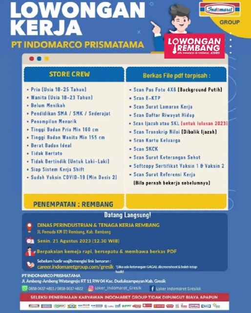 Lowongan Kerja Pegawai Store Crew Minimarket Indomaret PT Indomarco Prismatama Rembang