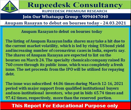 Anupam Rasayan to debut on bourses today - Rupeedesk Reports