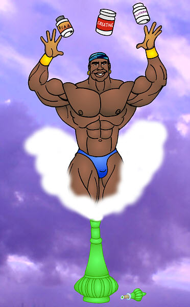 GENIE ROBBY ROBINSON AND HIS ANABOLIC PACK  MUSCLE ANIMATION ART WORK BY AB / Art BINNINGER Robby's dietary anabolic SUPPLEMENTS, OILS and HERBS  for natural fat loss and muscle growth at any age  ▶  www.robbyrobinson.net/anabolic-pack.php