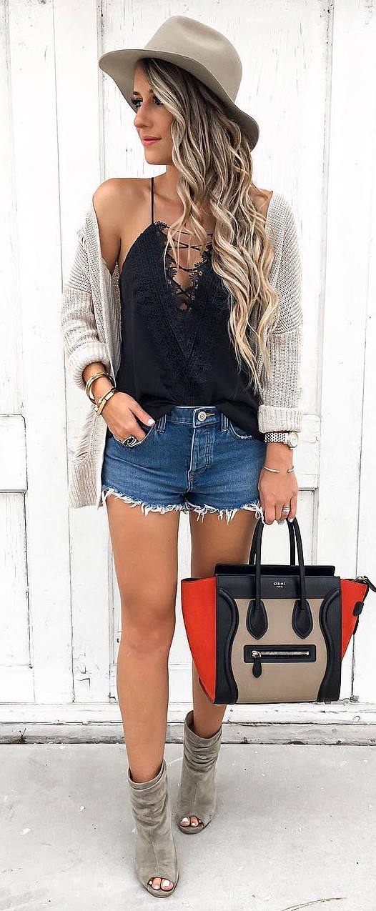 what to wear with a hat : cardigan + lace up top + denim shorts + bag + boots