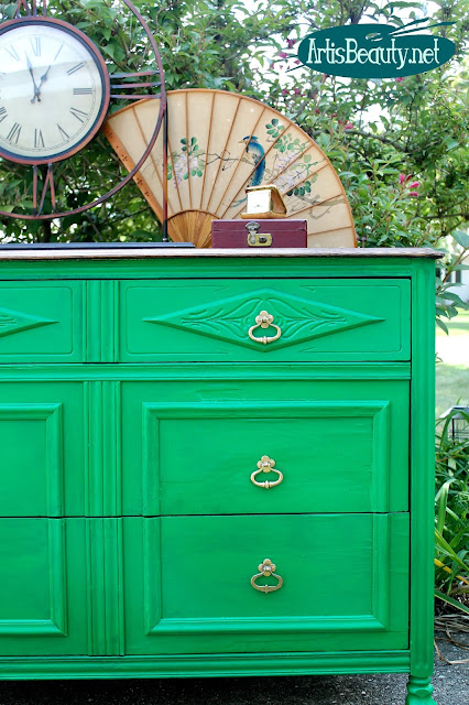 eclectic emerald green roadside rescued dresser before and after makeover veneer removal repair diy