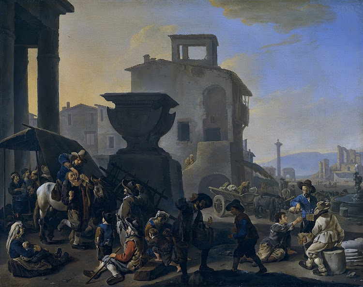 Johannes Lingelbach - Marketplace in an Italian town, with an itinerant toothpuller (c.1651)