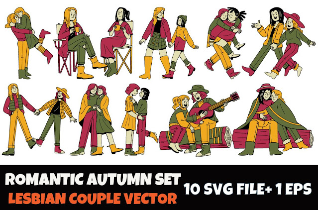 Lesbian couple vector illustration set