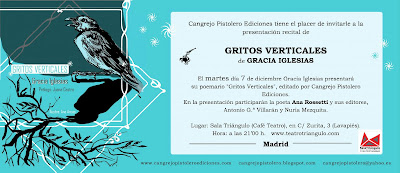 Gracia Iglesias poesía Gritos Verticales Cangrejo Pistolero Ediciones Ana Rossetti Madrid Sala Triángulo performance recital Ana Arcas Juana Castro