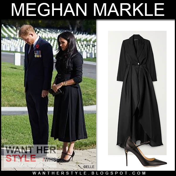 Meghan Markle in black belted silk pleated coat
