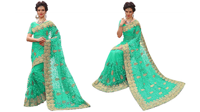 Panash Trends Women's Net Heavy Embroidery Work Saree(K713.Green)