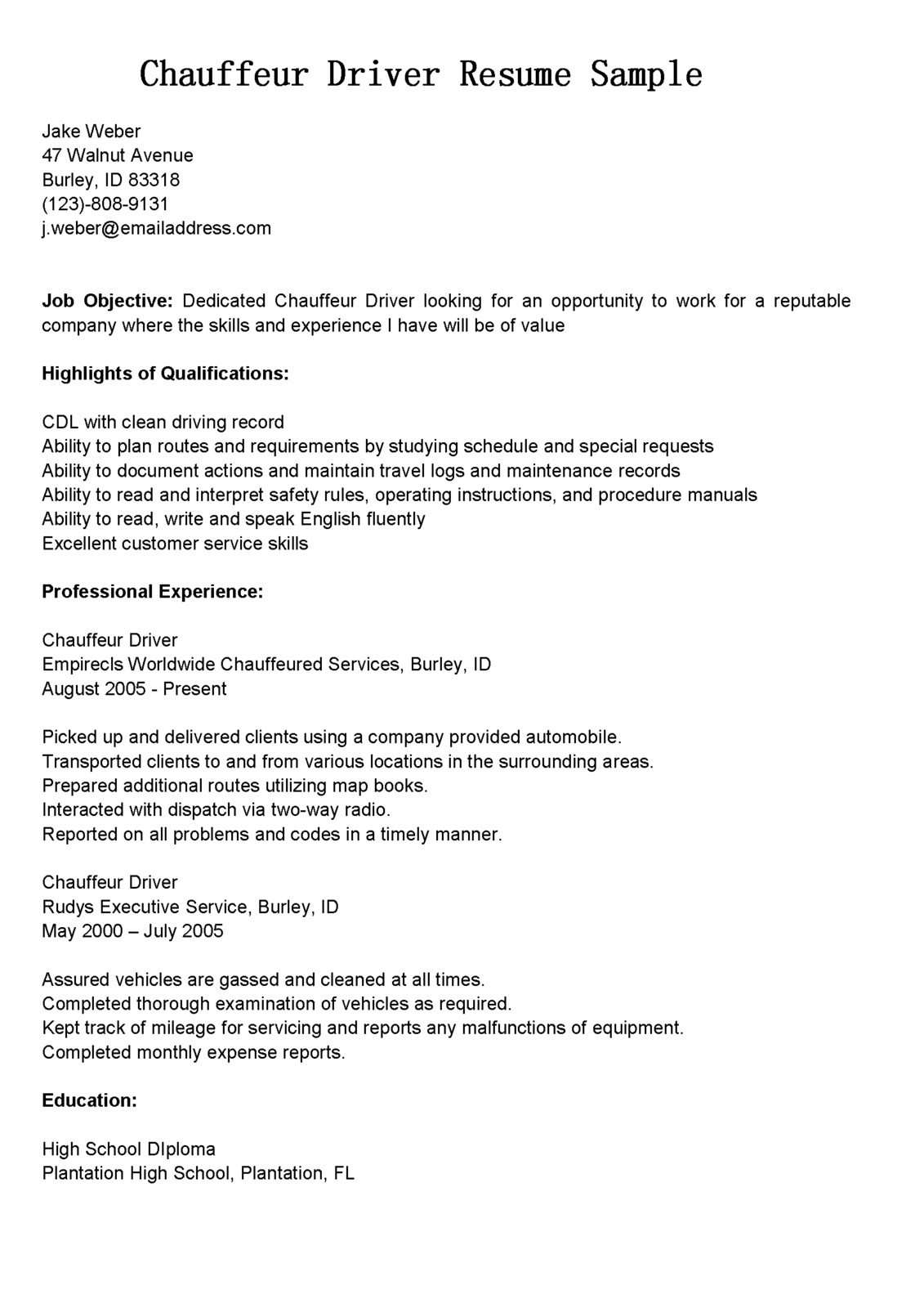 Driver Resumes: Chauffeur Driver Resume Sample