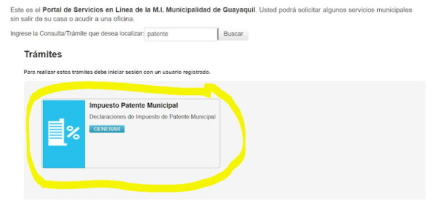 Escoger entre las opciones de tramites, Impuesto Patente Municipal, y dar clic en el botón GENERAR