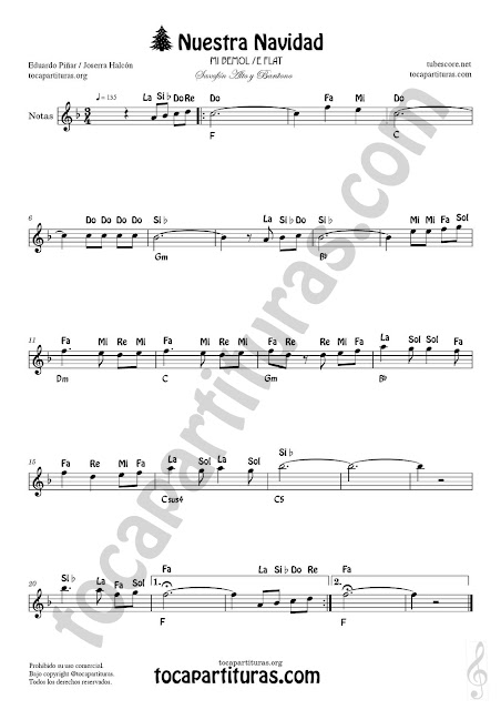 Partitura de Nuestra Navidad de Canal Sur para Saxofón Alto, Barítono y Trompa en Mib Sheet Music Alto, Horn and Baritone Saxophone Music Score Christmas Songs