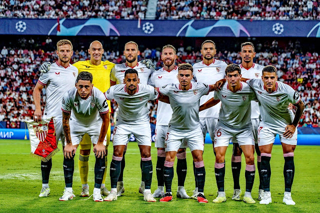 SEVILLA F. C. Temporada 2023-24. Ivan Rakitić, Marko Dmitrović, Nemanja Gudelj, Sergio Ramos, Youssef En-Nesyri, Fernando. Lucas Ocampos, Djibril Sow, Adrià Pedrosa, Juanlu y Erik Lamela. SEVILLA F. C. 1 🆚 RACING CLUB DE LENS 1 Miércoles 20/09/2023, 21:00 horas. Liga de Campeones, fase de grupos, Grupo B, jornada 1. Sevilla, España, estadio Ramón Sánchez Pizjuán: 33.544 espectadores. GOLES: ⚽1-0: 9’, Lucas Ocampos. ⚽1-1: 24’, Angelo Fulgini.