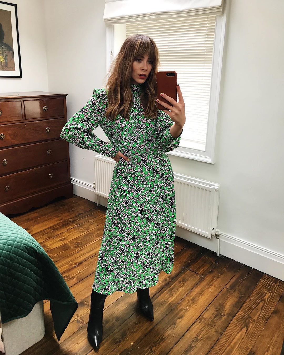 This Combo Is Perfect for a Fashion-Forward Office Look — Floral Print Midi Dress and Pointed-Toe Boots
